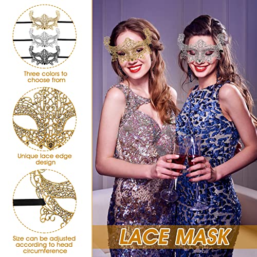 Sibba Mascarilla de 3 Piezas para Mujer Encaje Veneciano Máscara Ojos Mujer Niña Accesorio Disfraz Máscara Baile Halloween Disfraz Carnaval Fiesta Noche Bailes Graduación Plata Negro Dorado (Zorro)