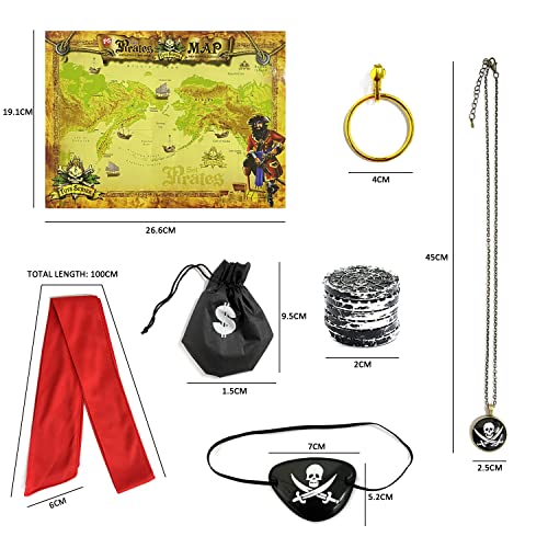 SIKAMARU Juego de accesorios piratas de 6 piezas, aretes piratas, collar, bandana, parche en el ojo, mapa, bolsa de dinero, monedas de oro para Halloween y fiesta pirata