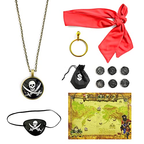 SIKAMARU Juego de accesorios piratas de 6 piezas, aretes piratas, collar, bandana, parche en el ojo, mapa, bolsa de dinero, monedas de oro para Halloween y fiesta pirata