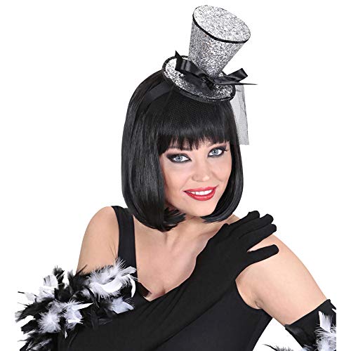 "SILVER GLITTER MINI TOP HAT ON HEADBAND WITH BOW & VEIL" -