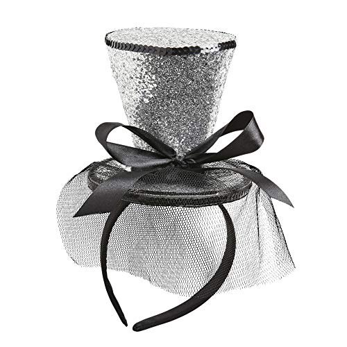 "SILVER GLITTER MINI TOP HAT ON HEADBAND WITH BOW & VEIL" -