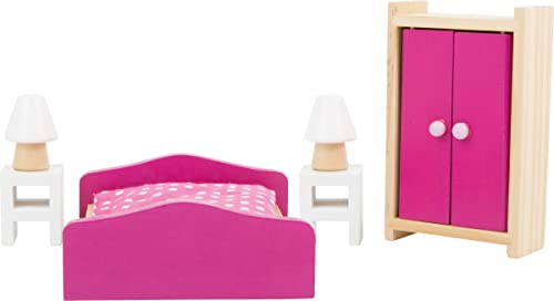 Small Foot 10874 - Mueble de Madera para salón en casa de muñecas, Incluye Cama matrimonial, mesita de Noche