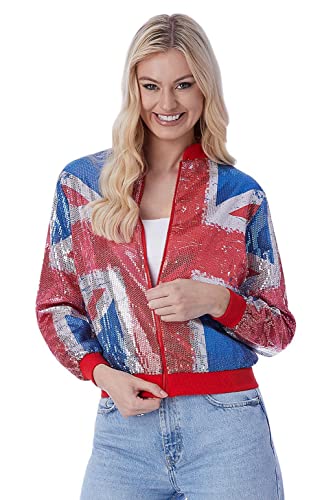 Smiffys 42333XS Union Chaqueta bomber de lentejuelas para mujer, rojo, azul y blanco, talla XS-UK 04-06