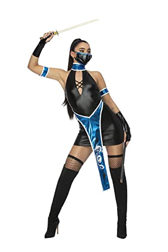 Smiffys 56449XS Fever Blue Ninja Costume Mujer, Azul y Negro, XS-UK Talla 04-06