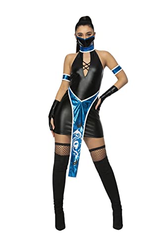 Smiffys 56449XS Fever Blue Ninja Costume Mujer, Azul y Negro, XS-UK Talla 04-06