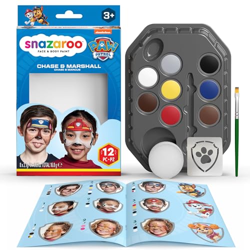 Snazaroo Kit Maquillaje Patrulla Canina Chase & Marshall - Aguacolores para Niños Y Adultos, 8 Colores, 1 Plantilla, 1 Pincel, 1 Esponja, 1 Guía, Base Agua, Maquillaje Pintacaras