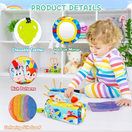 Sofore Juguete de Bebe Caja de pañuelos, Juegos Montessori 6 Meses, Juguetes sensoriales para bebés con Juguete para Masticar y Espejo Juguete Sensorial Juegos para Bebé,Clima