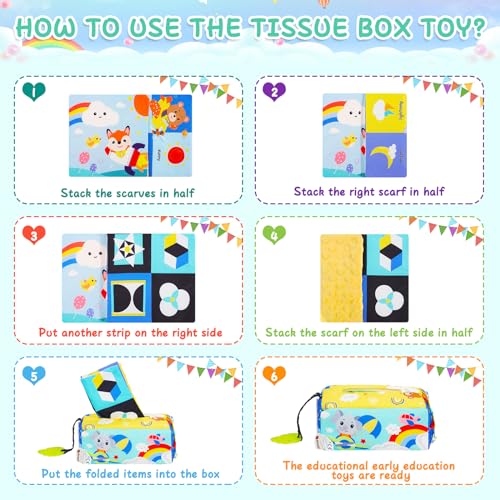 Sofore Juguete de Bebe Caja de pañuelos, Juegos Montessori 6 Meses, Juguetes sensoriales para bebés con Juguete para Masticar y Espejo Juguete Sensorial Juegos para Bebé,Clima