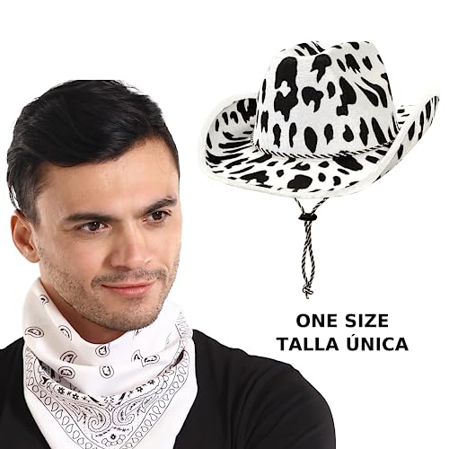 Sombrero Cowboy Cowgirl de Vaquero Vaca Blanco y Negro con Pañuelo Bandanas Paisley de Algodón Toy Story Western Occidental Oeste Country Disfraz para Adulto y Niños (Vaca Black/White, Única)