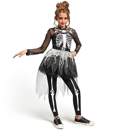 Spooktacular Creations Disfraz de esqueleto de chicas, vestido de esqueleto fantasmal para niñas Halloween Dress Up, Role Play, Cosplay Party-S