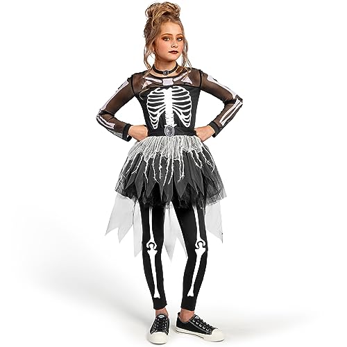 Spooktacular Creations Disfraz de esqueleto de chicas, vestido de esqueleto fantasmal para niñas Halloween Dress Up, Role Play, Cosplay Party-S