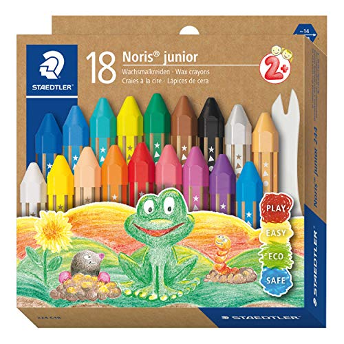 STAEDTLER Noris Junior 224 C18 - Crayones de cera gruesos para niños, 18 colores surtidos en caja de cartón.