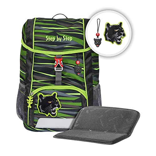 Step by Step Juego de mochila infantil con cojín de asiento, ergonómico, con correa de pecho desmontable, para guardería, preescolar y ocio, 13 l, Wild Cat Chiko - Gris-Verde-Negro