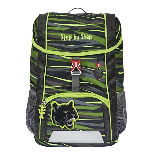 Step by Step Juego de mochila infantil con cojín de asiento, ergonómico, con correa de pecho desmontable, para guardería, preescolar y ocio, 13 l, Wild Cat Chiko - Gris-Verde-Negro