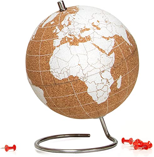 SUCK UK Blanco Globo Terráqueo Pequeño | Bola del Mundo De Corcho Diseño Decoración del Hogar, Madera, Small