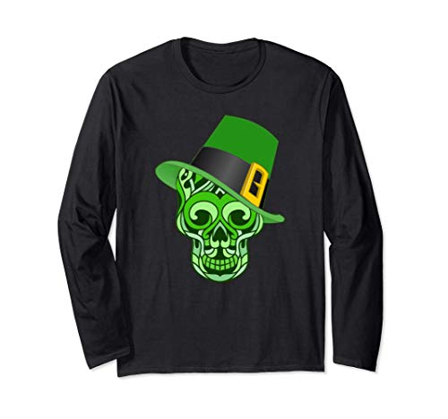 Sugar Skull in Leprechaun Hat Irish Green St Patricks Manga Larga