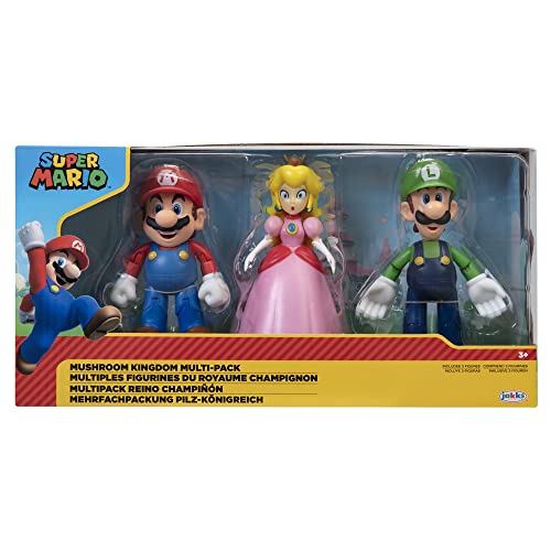 Super Mario – Diorama Multipack Reino Champiñón con 3 Figuras de 10 cm Articuladas – Las Figuras Tienen Poses Propias Clásicas del Videojuego - Juguetes para Niños 3 años