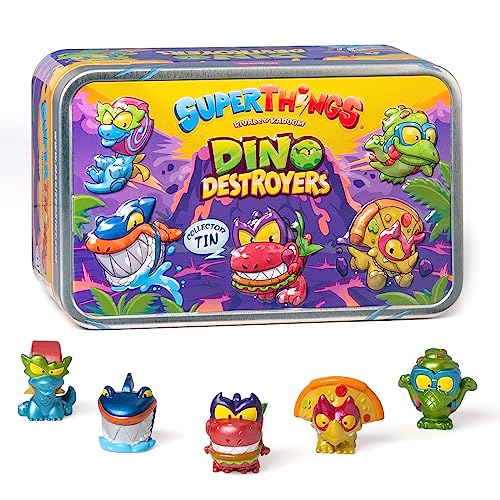 SUPERTHINGS Tin Dino Destroyers – Lata con 5 SuperThings Dinosaurios exclusivos con Efecto Metalizado