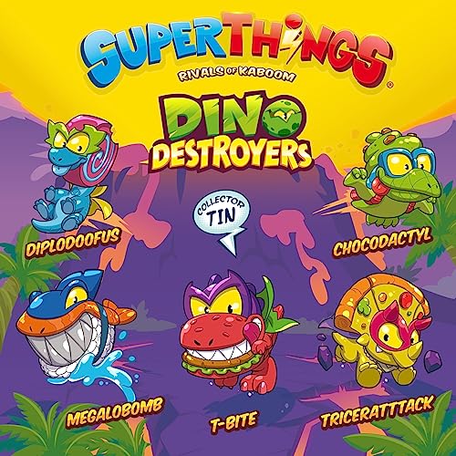 SUPERTHINGS Tin Dino Destroyers – Lata con 5 SuperThings Dinosaurios exclusivos con Efecto Metalizado