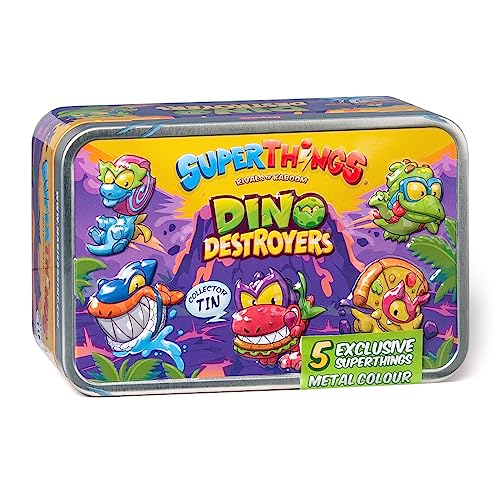 SUPERTHINGS Tin Dino Destroyers – Lata con 5 SuperThings Dinosaurios exclusivos con Efecto Metalizado