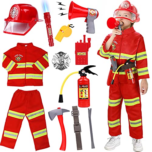 Tacobear Bombero Disfraz para Niños con Bomberos Juguete Extintor Juguete Bombero Accesorios Juegos de imitación Juego de roles para Niños Niñas Carnaval Halloween 3 4 5 6 7 8 9 Años (S(110CM))