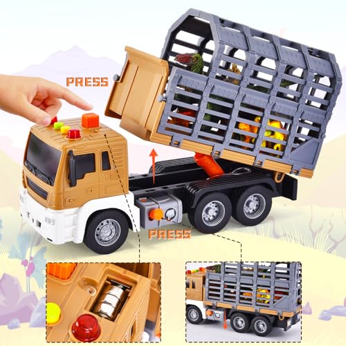 Tacobear Dinosaurios Juguetes para Niños Camión Transportador con Sonidos y Luces, Elevable Camion Juguete Grande con 14 Figuras de Dinosaurios, Camiones de Juguete Regalos Niños 3 4 5 6 7 Años