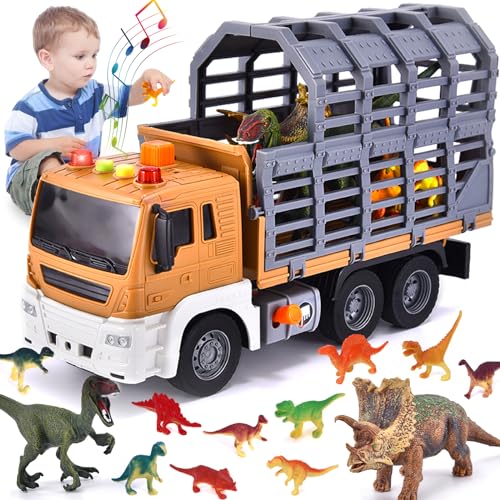 Tacobear Dinosaurios Juguetes para Niños Camión Transportador con Sonidos y Luces, Elevable Camion Juguete Grande con 14 Figuras de Dinosaurios, Camiones de Juguete Regalos Niños 3 4 5 6 7 Años