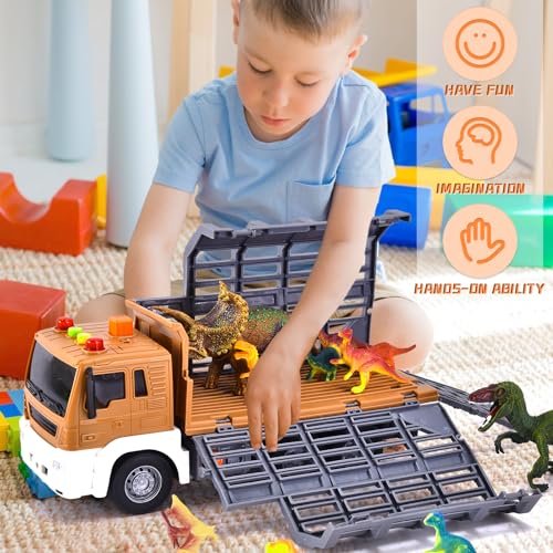 Tacobear Dinosaurios Juguetes para Niños Camión Transportador con Sonidos y Luces, Elevable Camion Juguete Grande con 14 Figuras de Dinosaurios, Camiones de Juguete Regalos Niños 3 4 5 6 7 Años