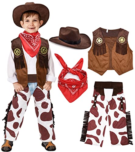 Tacobear Disfraz Vaquero Niño Disfraz Cowboy Costume Niño con Gorro Vaquero Pañuelo Vaquero Chaleco de Vaquero Accesorios para Fiesta de Halloween Carnaval Navidad para Niño 3 4 5 6 7 8 9 10 11 12años