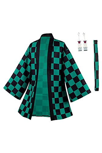 Taeyue Anime Demon Slayer Kamado Tanjirou Cosplay Disfraz Kimetsu no Yaiba Halloween Carnaval Cosplay Abrigo Traje Kimono Chaqueta Hombres, verde, S