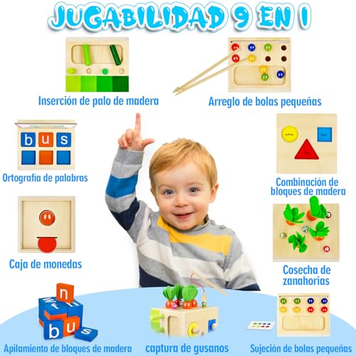 Taiqyfn Juguetes Montessori 1 Años, Juguete Madera 9 en 1 con Cosecha de Zanahorias y Clasificador de Formas, Habilidades Motoras Mejora la Coordinación Mano-Ojo, Juguete para a Partir de 1 2 3 Años