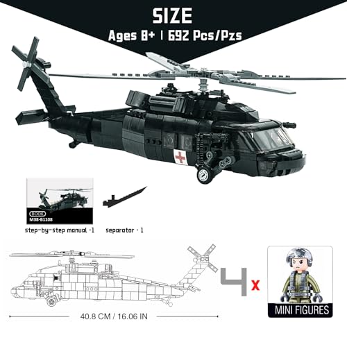 Tarcury UH-60 Black Hawk Helicóptero de Utilidad Militar Juguete de Construcción - Set del Ejército con 692 PCS y 4 Soldados de Juguete