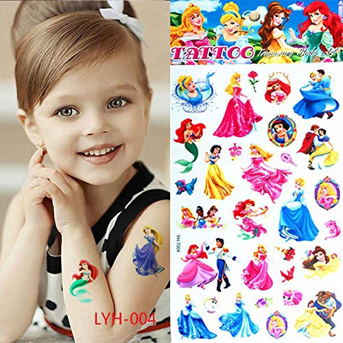 Tatuajes infantiles de princesa, tatuajes de dibujos animados, 5 hojas, juego para fiestas de cumpleaños