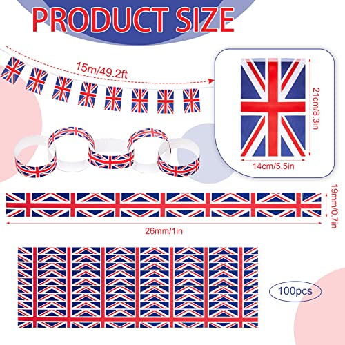 Tenare Set de Banderín de 30 Banderas de Union Jack y 100 Tiras de Cadena de Papel Autoadhesivas Pancarta Británica de 10 m para Decoración del Día Nacional Fiesta Real Británica Coronación