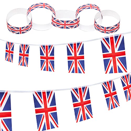 Tenare Set de Banderín de 30 Banderas de Union Jack y 100 Tiras de Cadena de Papel Autoadhesivas Pancarta Británica de 10 m para Decoración del Día Nacional Fiesta Real Británica Coronación