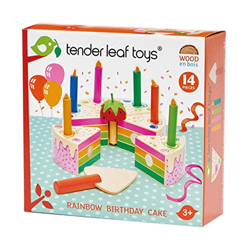 Tender Leaf Juego de rolos: tarta de cumpleaños Arco Cielo 13,2 x 13,5 x 8,5 cm, 6 piezas con 6 velas de colores con servidor de tartas, de madera, en caja 18,5 x 6,5 x 18 cm, 3+