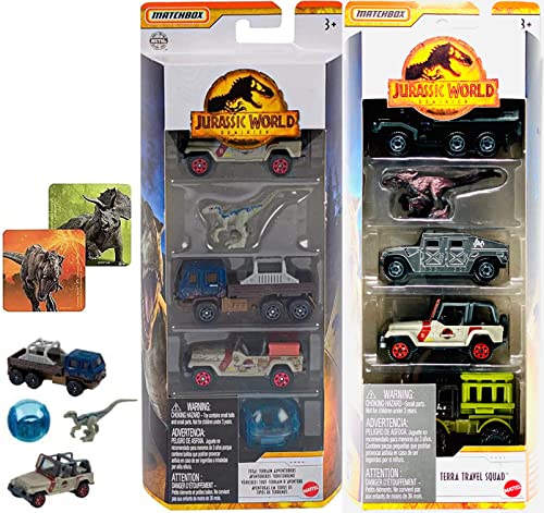 Terra Adventure Jurassic World 8 coches con vehículo Dominion Paquete de 5 escuadrón de viaje con mini figura de dinosaurio Velociraptor + Total Terrain Dino 5 unidades colección Land Sea y pegatinas