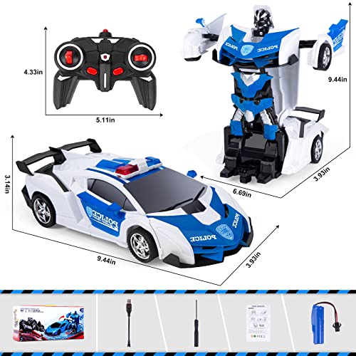 Thedttoy Coche Teledirigido Robot, 2 in 1 Coche Policia Teledirigido Juguetes para Niños 3-12 Años, Robot Coche de Policia Control Remoto Coche Teledirigido Policia Juguete Navidad Regalo (Blanco)