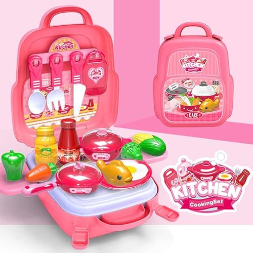 TLHWIN Juego de juguetes de cocina de plástico para niños, juego de mochila portátil para niños, juguete para cortar alimentos, frutas, utensilios de cocina, verduras, juego para niños y niñas, regalo