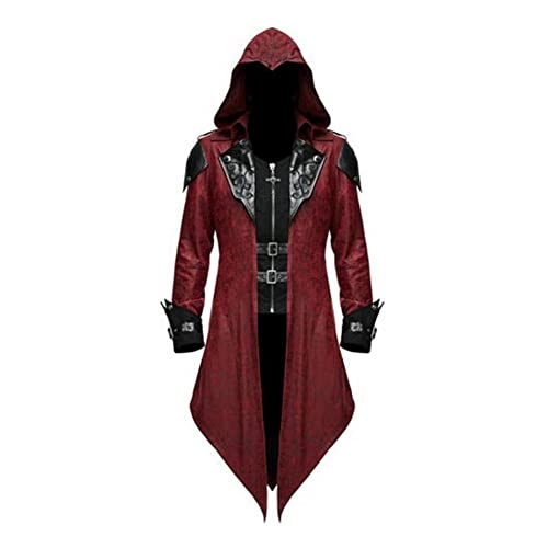 TMOYJPX Disfraz Medieval Hombre Halloween Victoriana Gótico Chaqueta con Capucha, Pantalla de Seda Disfraces Medievales para Adulto Carnaval Vintage (S, Rojo vino)