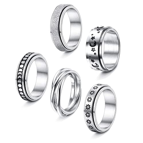 TOFBS 5 Piezas Anxiety Ring Anillos Giratorios para Mujer Juego De Anillos De Acero Inoxidable Fidget Band Triple Entrelazado Rolling Flower Moon Star Anillo Aliviar El Estrés Promesa De Boda (20)