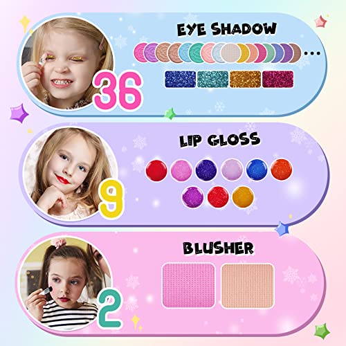 Tomons Maquillaje para niñas, Lavable, Real, Seguridad Probada, maletin Maquillaje niñas con Pinceles, Espejos y Pegatinas de Gemas, Juguetes para niñas de 3 -6, 7-8, 9 - 12 años, Morada