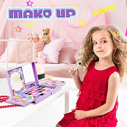 Tomons Maquillaje para niñas, Lavable, Real, Seguridad Probada, maletin Maquillaje niñas con Pinceles, Espejos y Pegatinas de Gemas, Juguetes para niñas de 3 -6, 7-8, 9 - 12 años, Morada