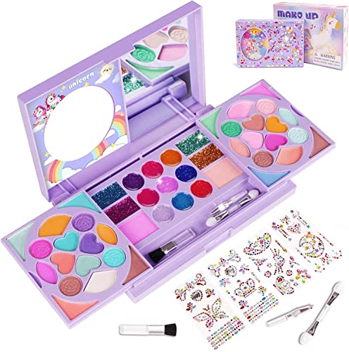 Tomons Maquillaje para niñas, Lavable, Real, Seguridad Probada, maletin Maquillaje niñas con Pinceles, Espejos y Pegatinas de Gemas, Juguetes para niñas de 3 -6, 7-8, 9 - 12 años, Morada