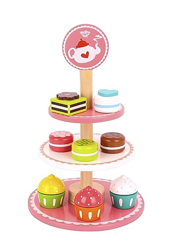 Tooky Toy Bandeja de Postres de 3 Pisos Juguete De Madera Colorido Juego de Pastelería de 11 Piezas de Deliciosas y Atractivas Masas y Postres Enriqueciendo la Creatividad y Motricidad Fina