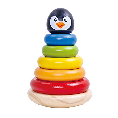 Tooky Toy - Pingüino de Madera (Forma de apilar), diseño de Animales de Madera, Juguete para bebé, Juego de Despertar, Anillos de Madera, Aprox. 5 x 13 cm, TKB502, Multicolor