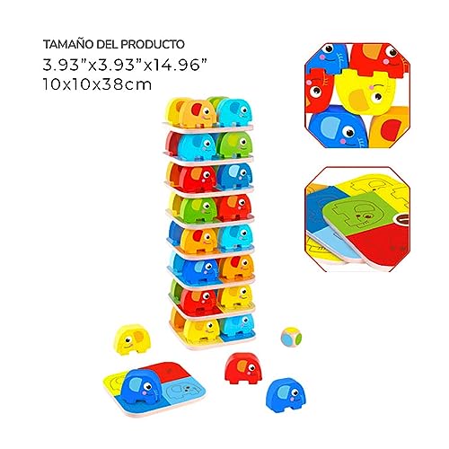 Tooky Toy Torre de Elefantes Divertido Juego de Habilidad Para Construir Y Mantener la Concentración de Madera Colorido Actividades Creativas Para Niños y Niñas +36 Meses