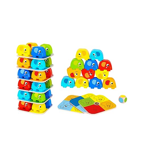 Tooky Toy Torre de Elefantes Divertido Juego de Habilidad Para Construir Y Mantener la Concentración de Madera Colorido Actividades Creativas Para Niños y Niñas +36 Meses