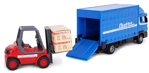 Toyland® - Juego de vehículos Metal Load and Go - Camión de Carga Scania con Carretilla elevadora y Paleta - Juguetes para vehículos de Transporte - Juguetes para niños (Azul)