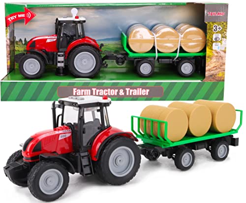 Toyland® Tractor y Remolque Rojo de 37 cm con Luces y Sonido - Juguetes agrícolas para niños (Tractor y Remolque para Balas)